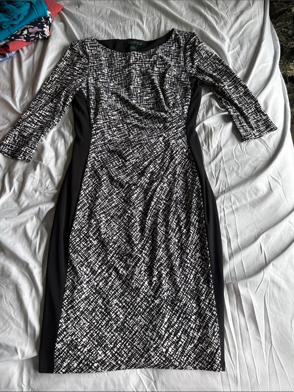 Lauren Ralph Lauren Black and White Patterned Long Sleeve Sheath Dress